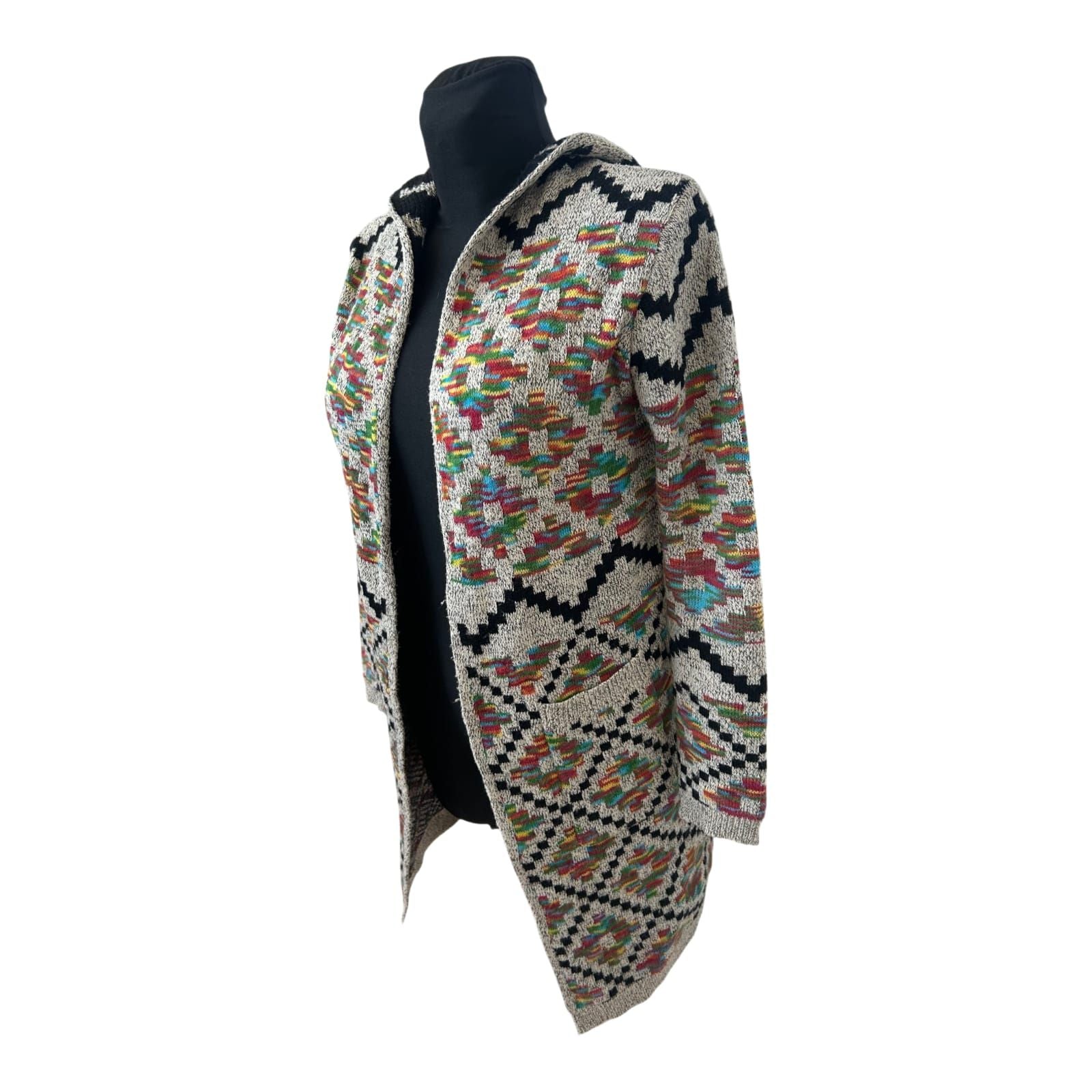 Colosseum Strickjacke Damen Gr M Ethno Muster Kapuze Long Cardigan