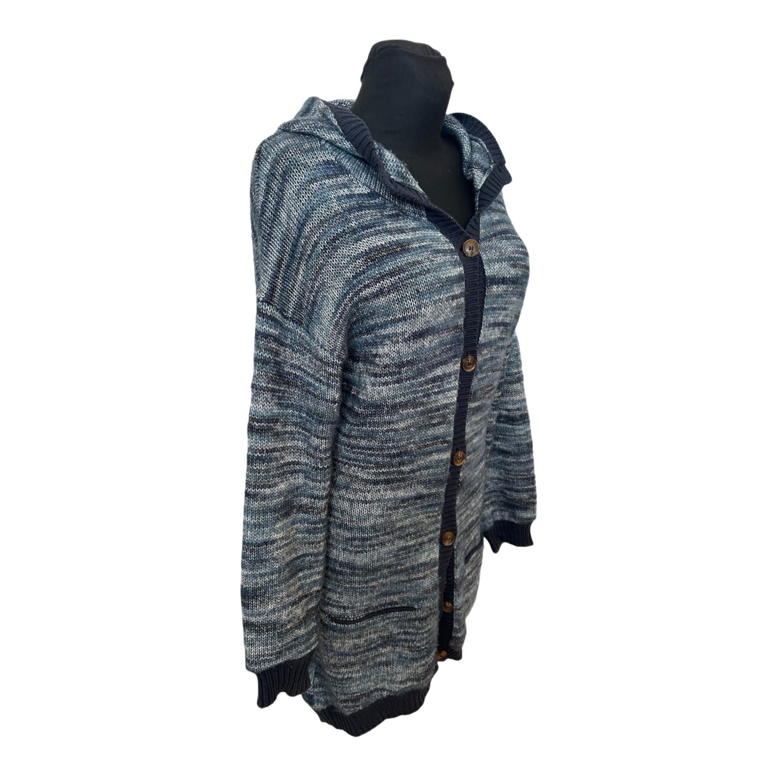 Bench Strickjacke Damen Gr M Blau Kapuze Long Cardigan Knopfleiste