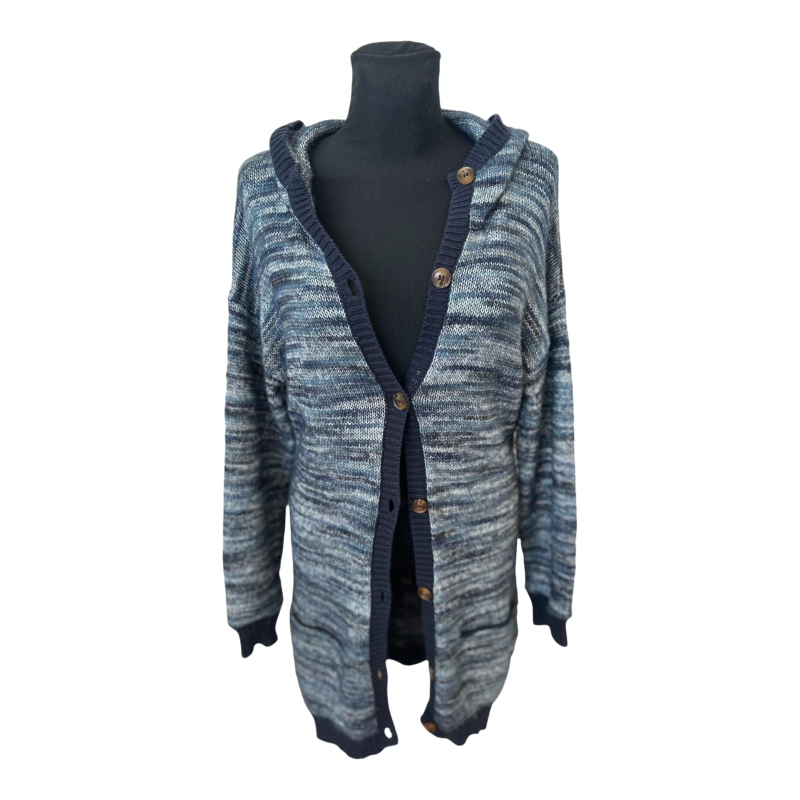 Bench Strickjacke Damen Gr M Blau Kapuze Long Cardigan Knopfleiste