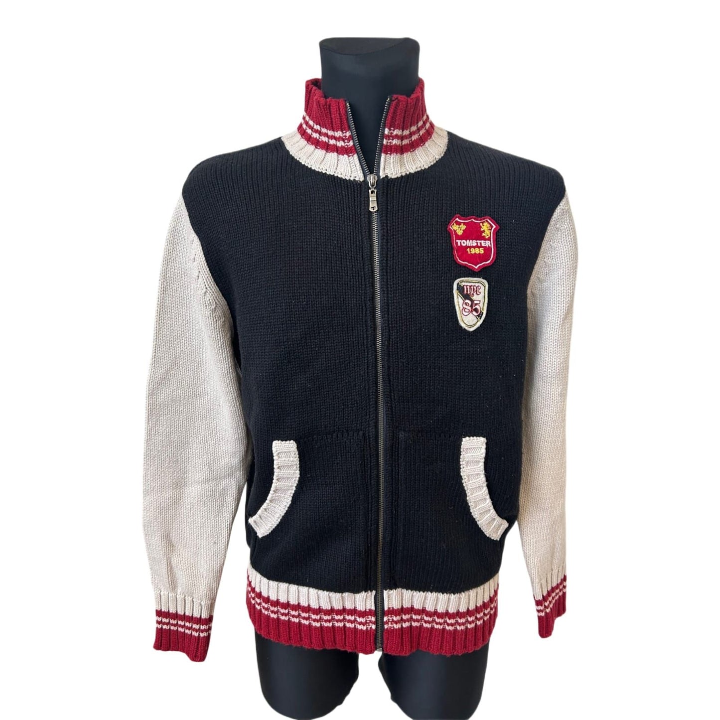Tomster Strickjacke Herren L Blau Rot Reißverschluss Lammwolle Retro Stil