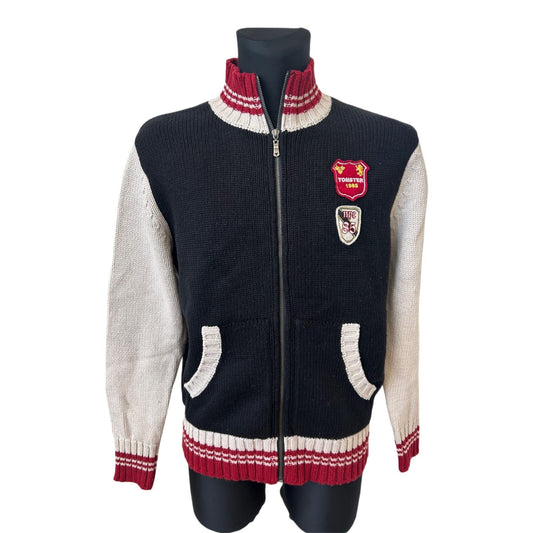 Tomster Strickjacke Herren L Blau Rot Reißverschluss Lammwolle Retro Stil