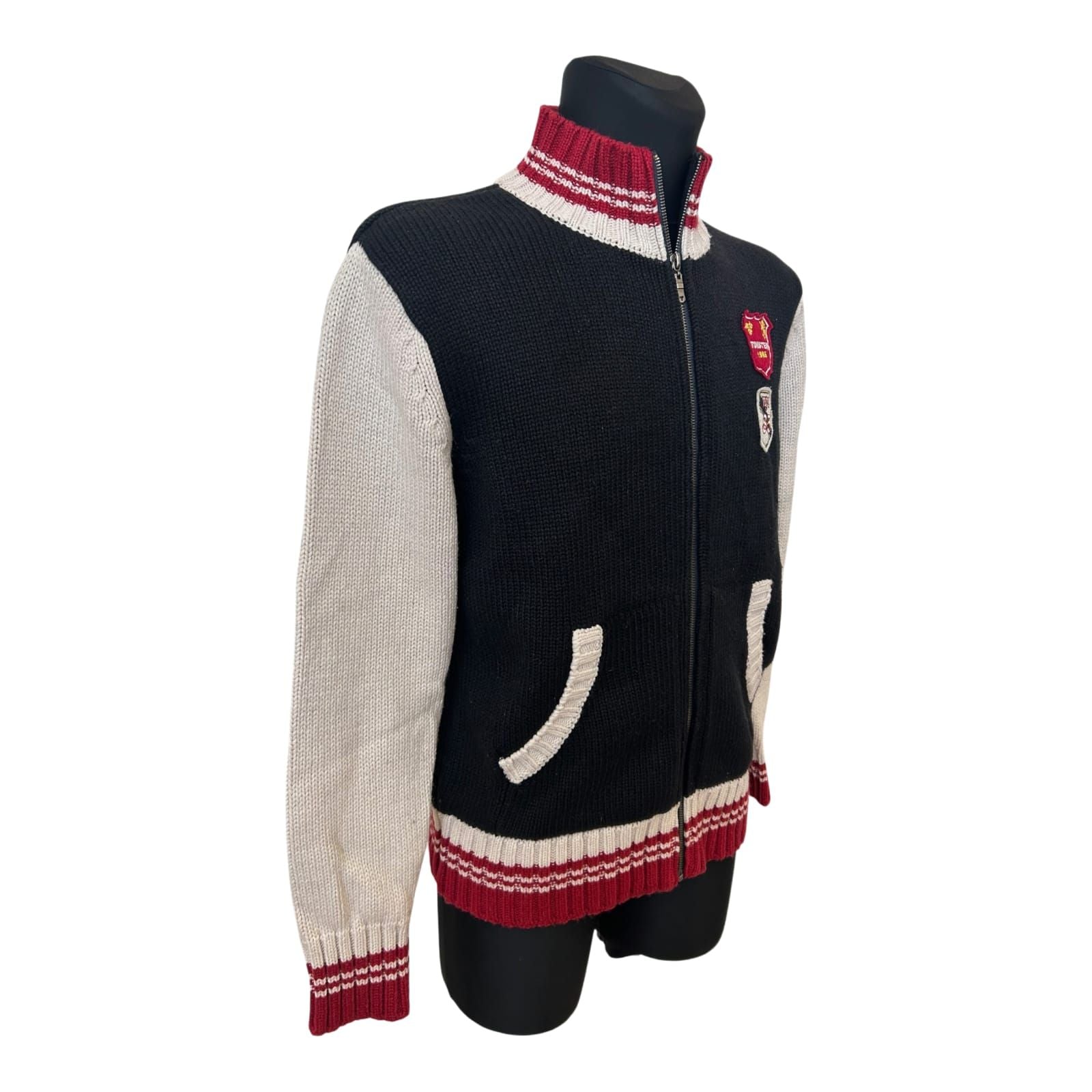 Tomster Strickjacke Herren L Blau Rot Reißverschluss Lammwolle Retro Stil