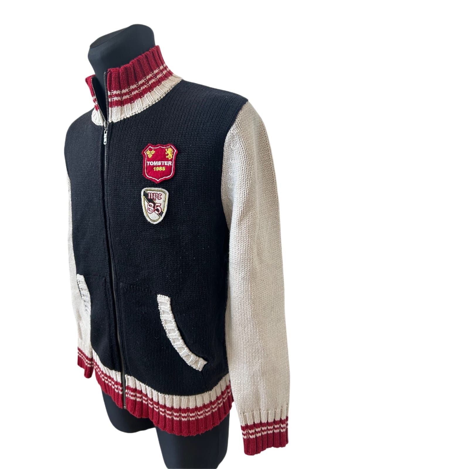 Tomster Strickjacke Herren L Blau Rot Reißverschluss Lammwolle Retro Stil