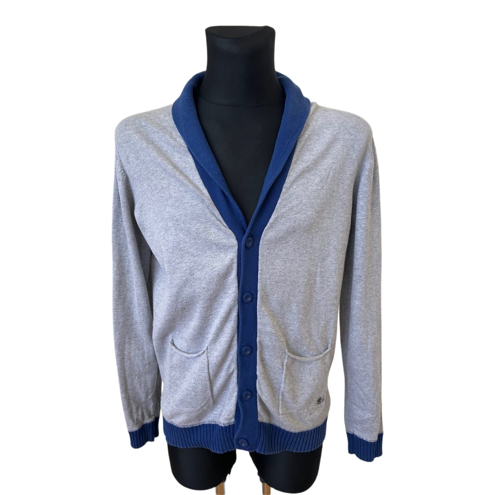 WE Strickjacke Herren XL Grau Blau Baumwolle Schalkragen Knopfleiste