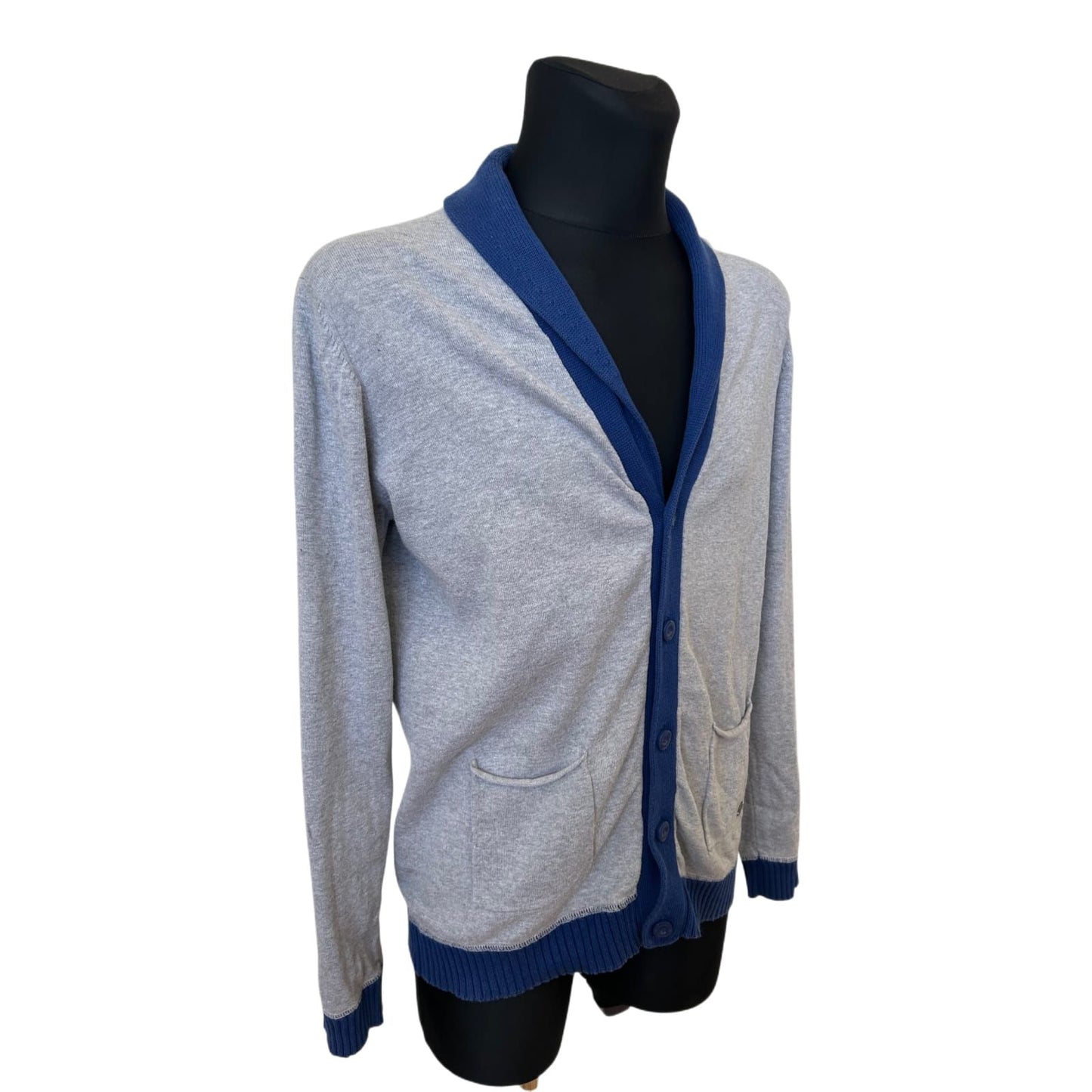 WE Strickjacke Herren XL Grau Blau Baumwolle Schalkragen Knopfleiste