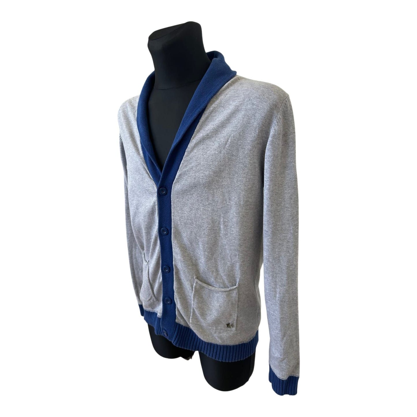 WE Strickjacke Herren XL Grau Blau Baumwolle Schalkragen Knopfleiste