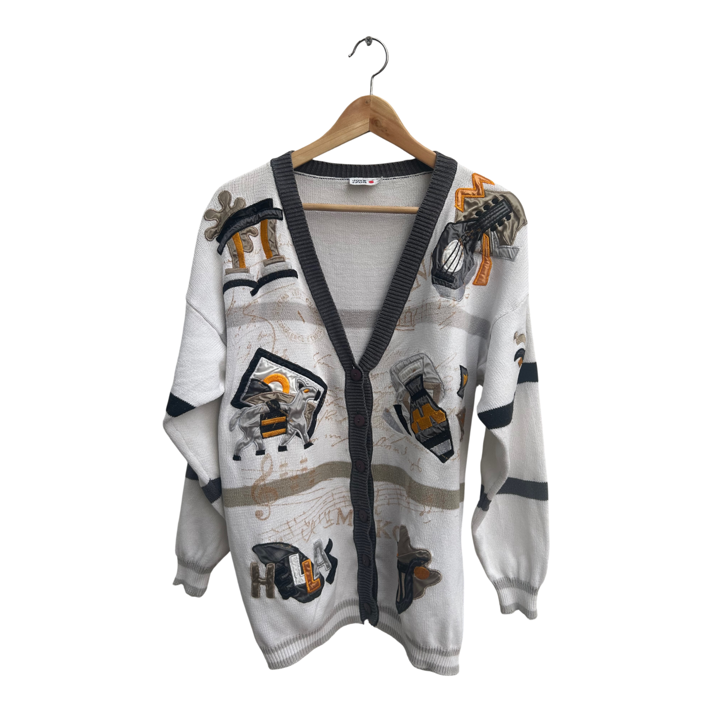 Vintage Herren Strickjacke Joy E Fun Gr M 100 Prozent Cotton Applikationen Retro