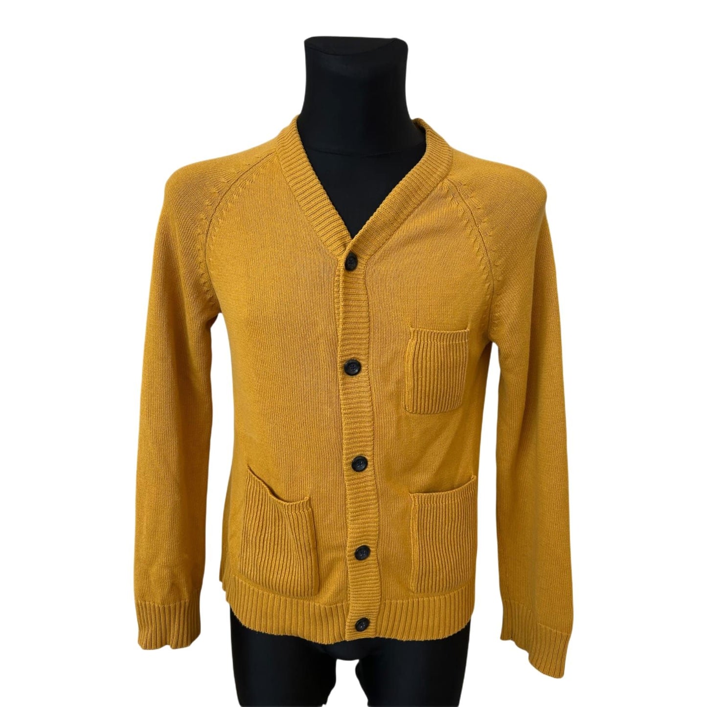 H&M Strickjacke Herren Gr L Gelb Baumwolle Cardigan Slim Fit Knöpfe