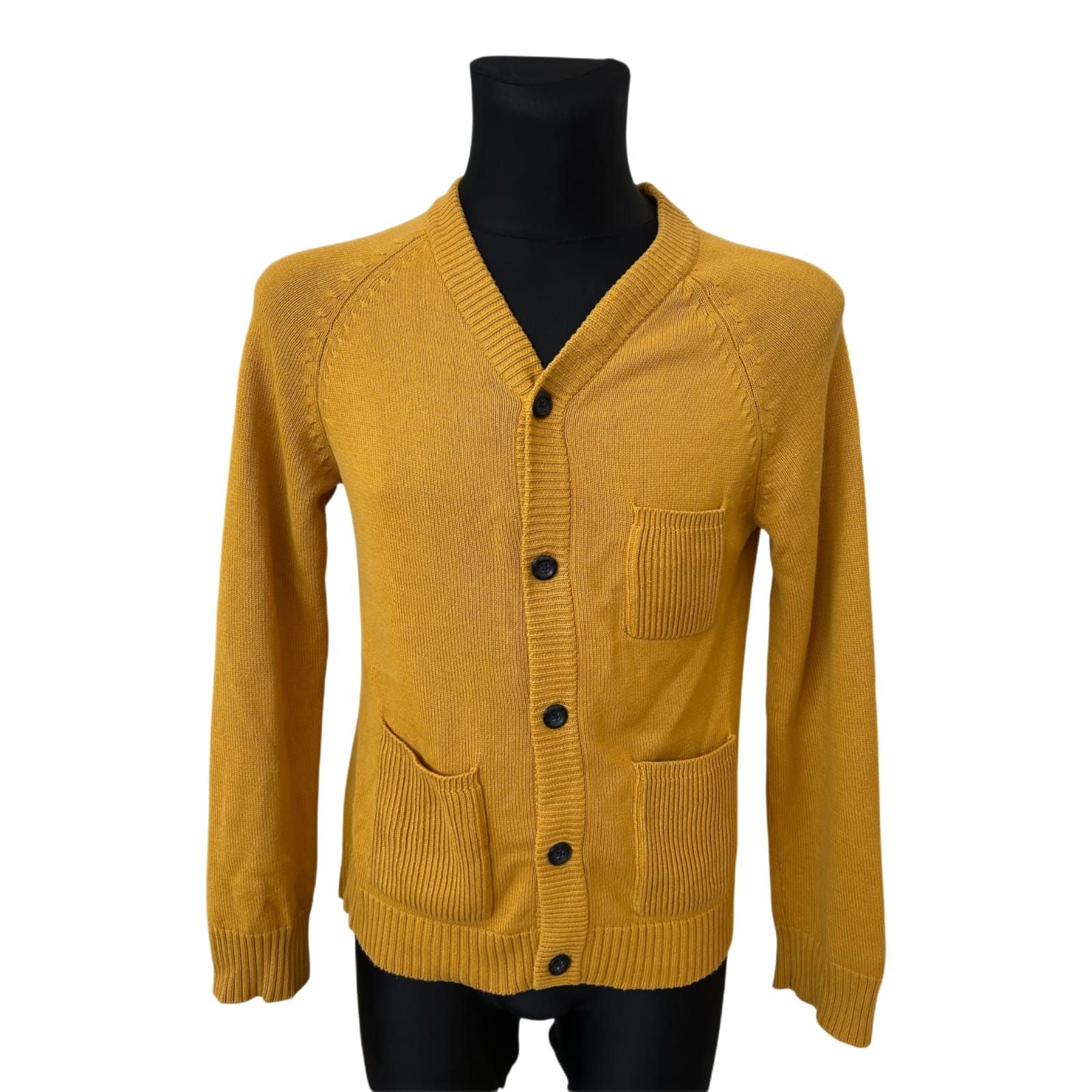 H&M Strickjacke Herren Gr L Gelb Baumwolle Cardigan Slim Fit Knöpfe