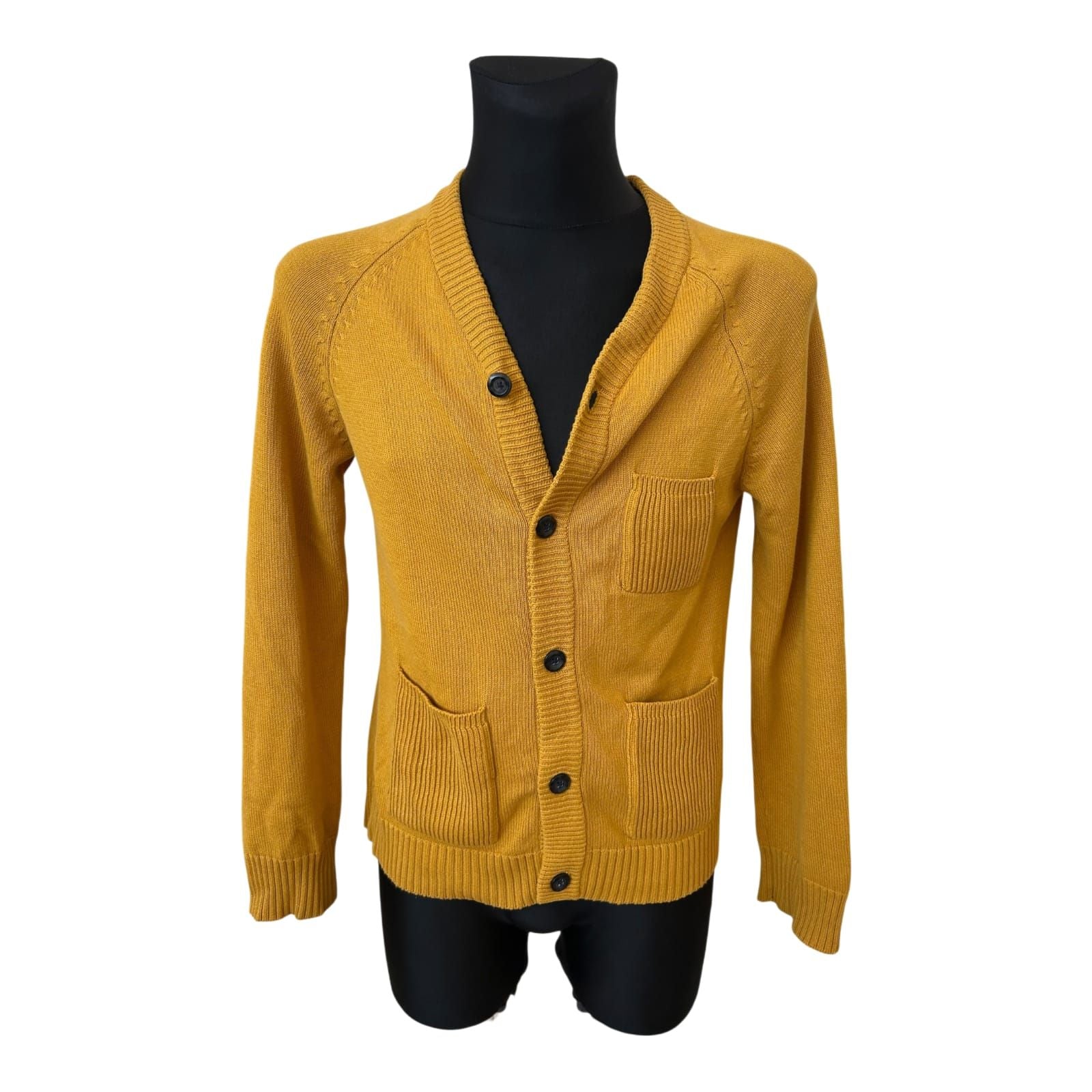 H&M Strickjacke Herren Gr L Gelb Baumwolle Cardigan Slim Fit Knöpfe