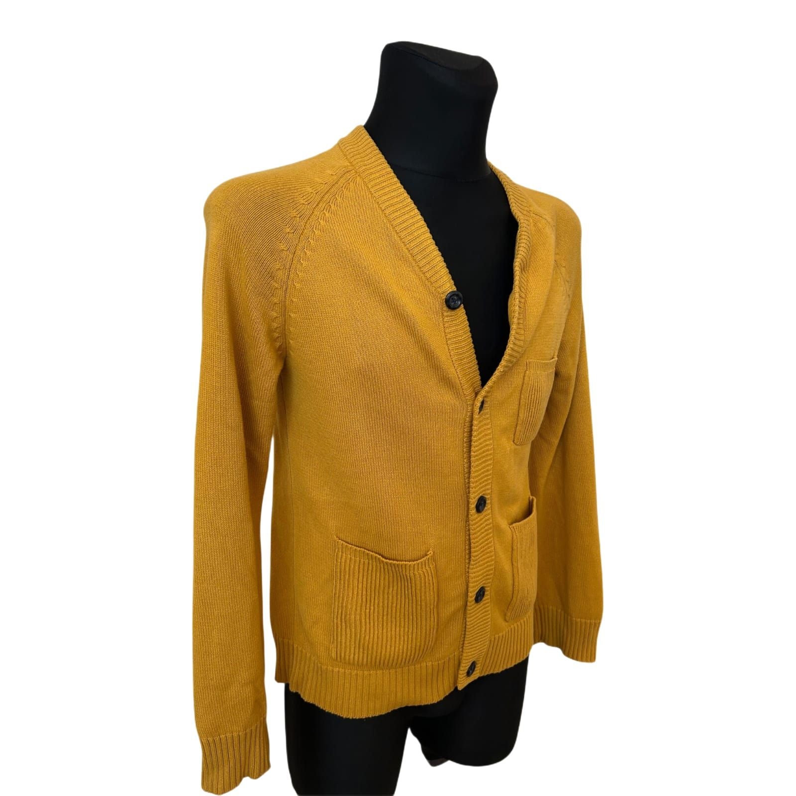 H&M Strickjacke Herren Gr L Gelb Baumwolle Cardigan Slim Fit Knöpfe