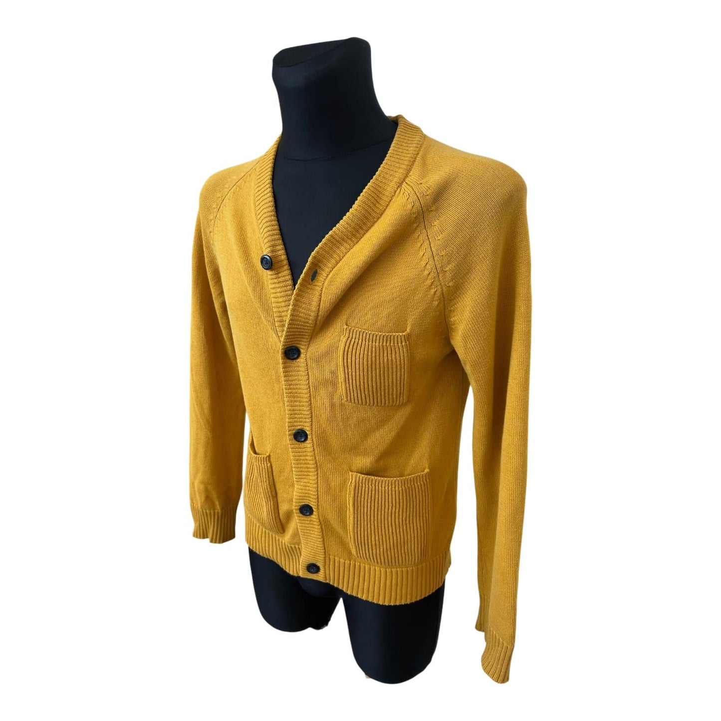 H&M Strickjacke Herren Gr L Gelb Baumwolle Cardigan Slim Fit Knöpfe