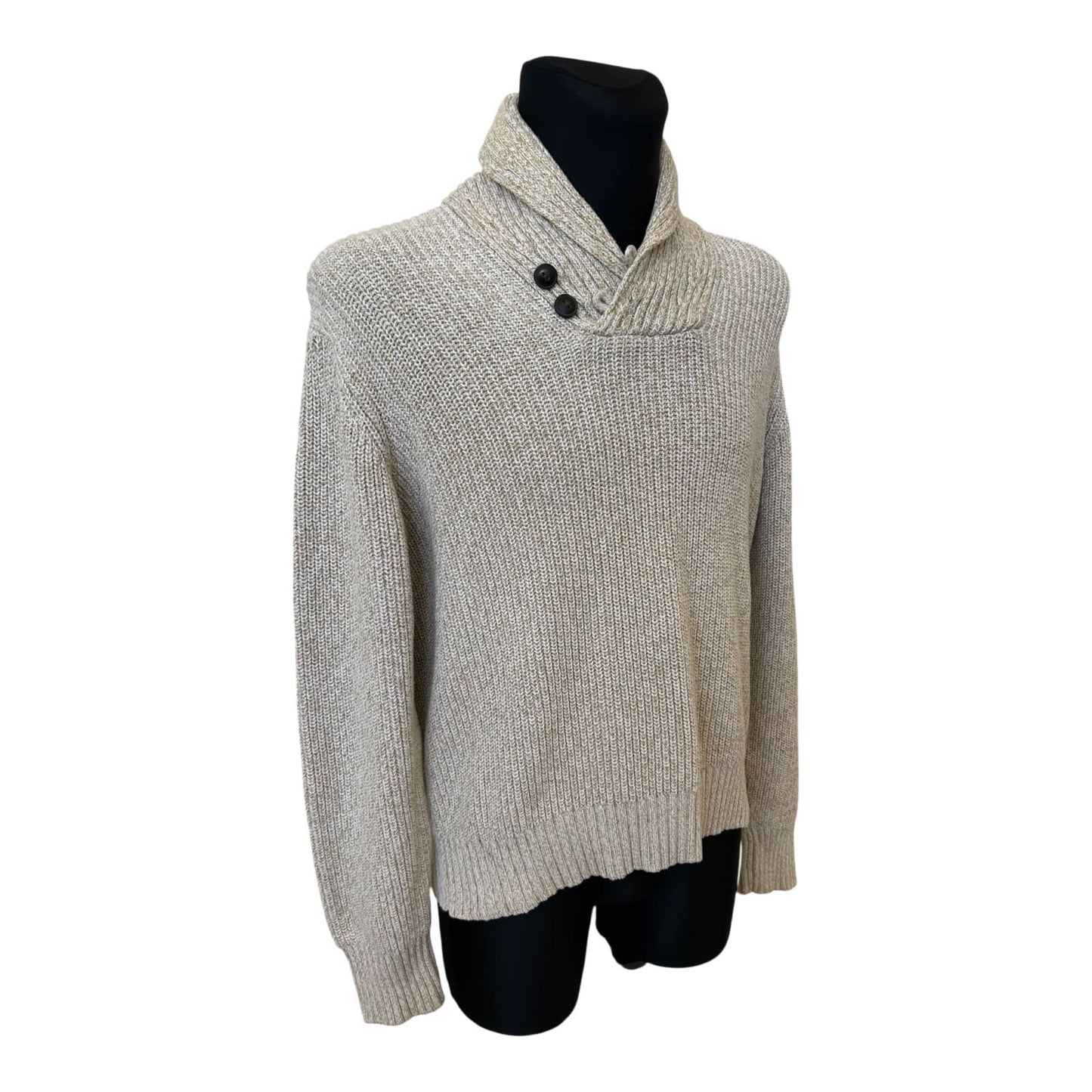 H&M Pullover Herren L Beige Grobstrick Schalkragen Baumwolle Warm Casual