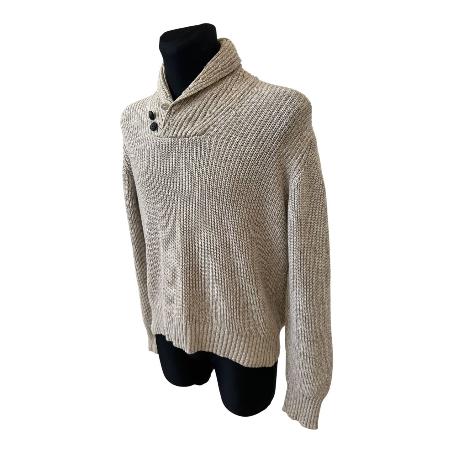 H&M Pullover Herren L Beige Grobstrick Schalkragen Baumwolle Warm Casual