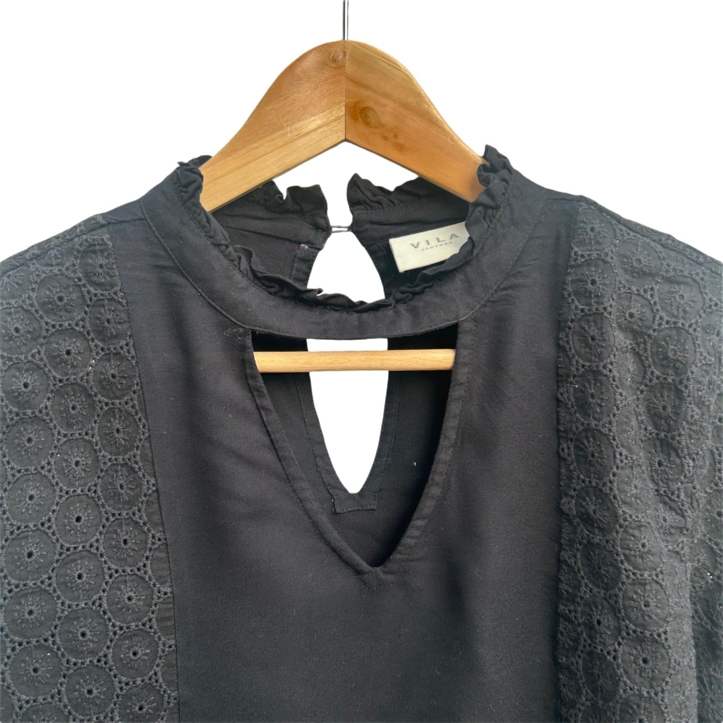 Vila Damen Bluse Schwarz Lochstickerei Langarm Gr S Baumwolle Viskose Elegant