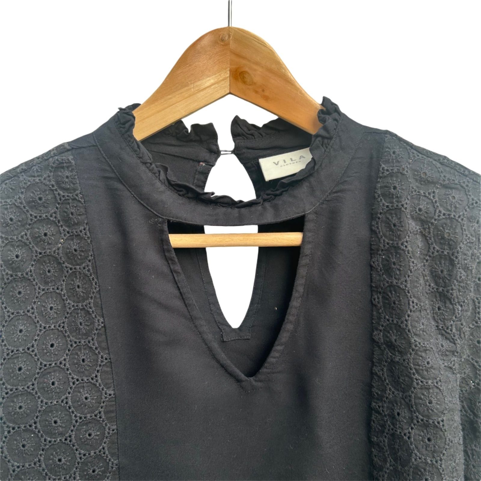 Vila Damen Bluse Schwarz Lochstickerei Langarm Gr S Baumwolle Viskose Elegant