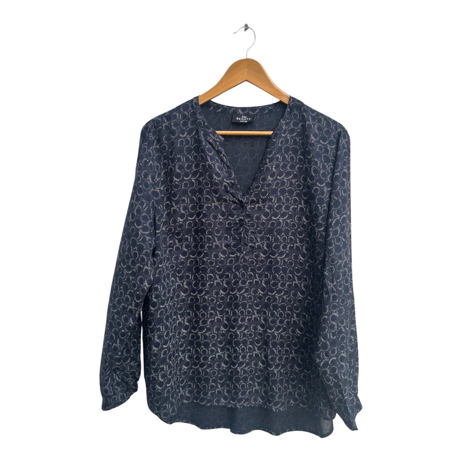 Gina Benotti Damen Bluse Dunkelblau Muster Langarm Gr L Viskose Leicht Modern