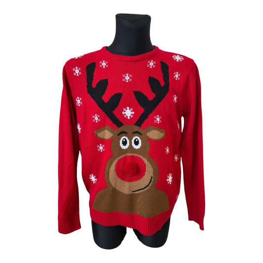 Primark Herren Pullover XL Rot Weihnachten Rentier Motiv Puschelnase Festlich