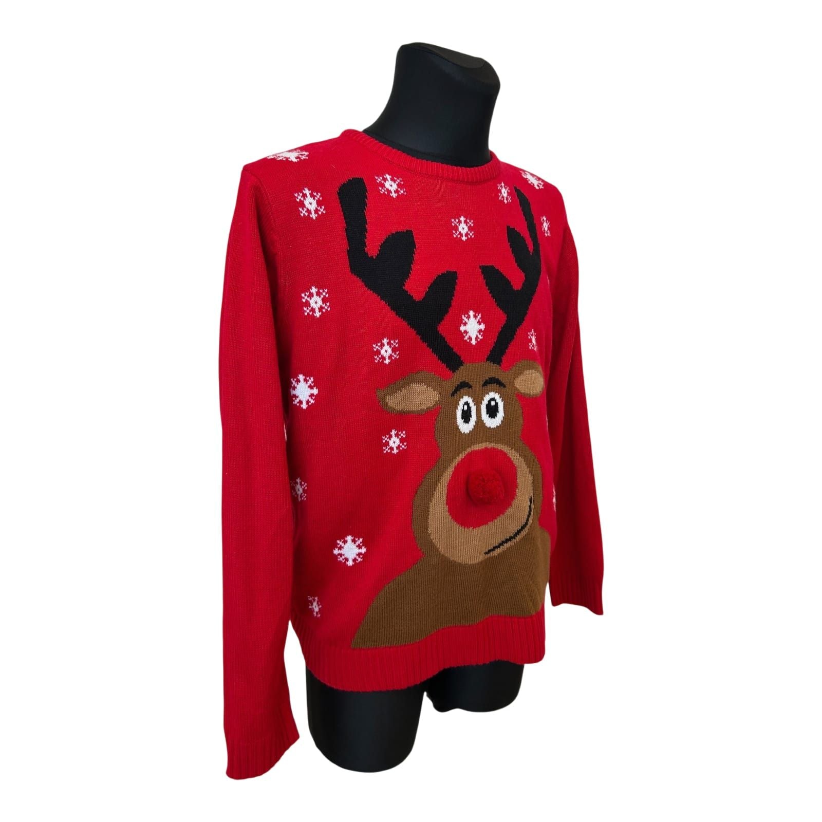 Primark Herren Pullover XL Rot Weihnachten Rentier Motiv Puschelnase Festlich