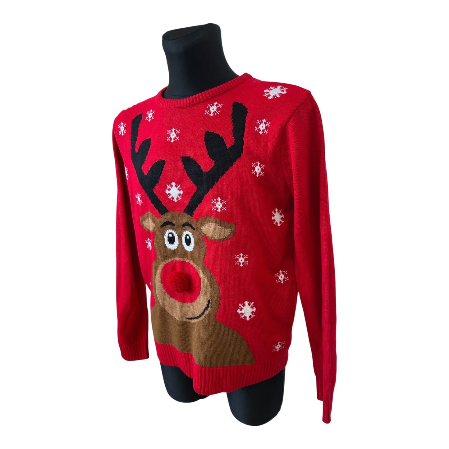 Primark Herren Pullover XL Rot Weihnachten Rentier Motiv Puschelnase Festlich
