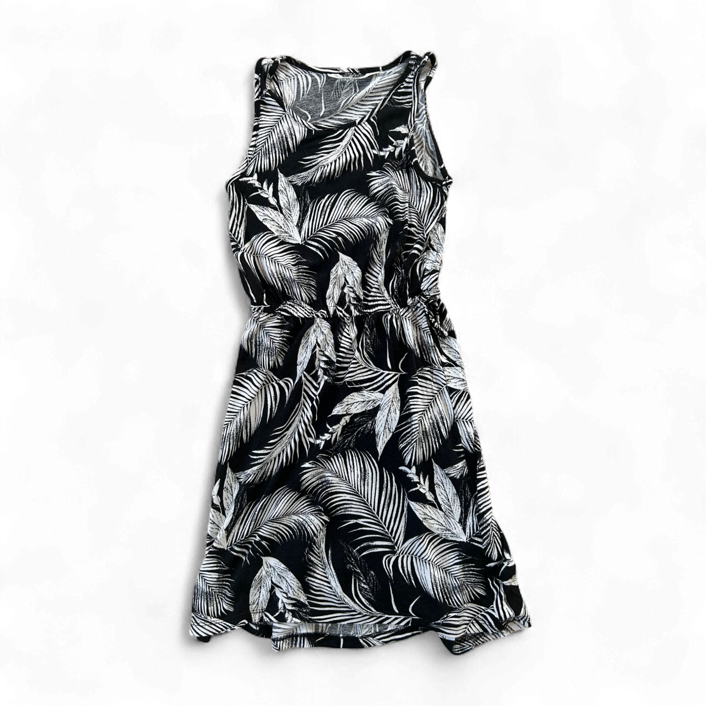 🪴 H&M Sommerkleid Gr. 134/140 Schwarz Weiß – Palmenmuster 🌿