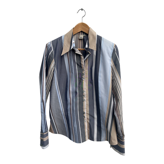 Vintage Damen Bluse Gestreift Langarm Gr 38 Schulterpolster Poly Baumwolle