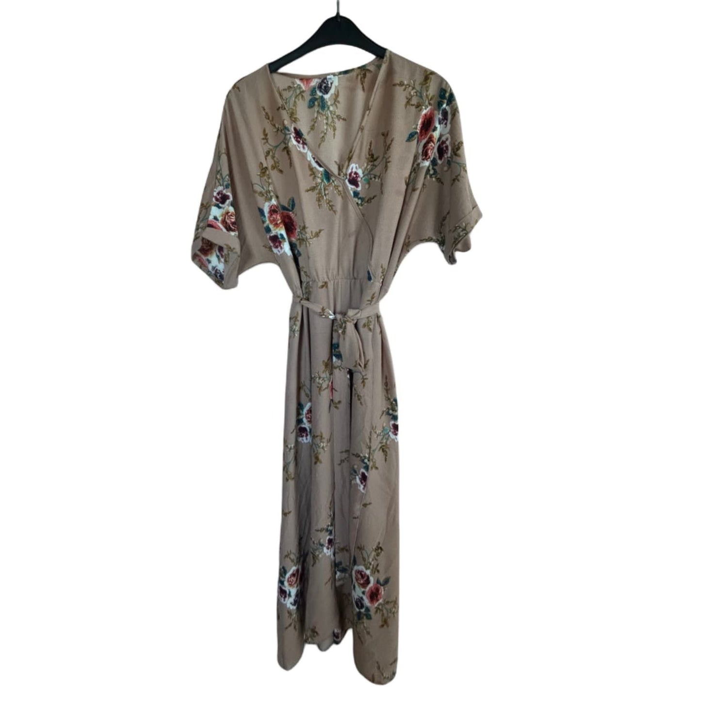 Kleid Damen Dress Maxikleid Gr. 6XL Taupe Blumen Wickeloptik Gürtel Boho Elegant