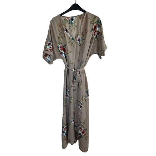 Kleid Damen Dress Maxikleid Gr. 6XL Taupe Blumen Wickeloptik Gürtel Boho Elegant