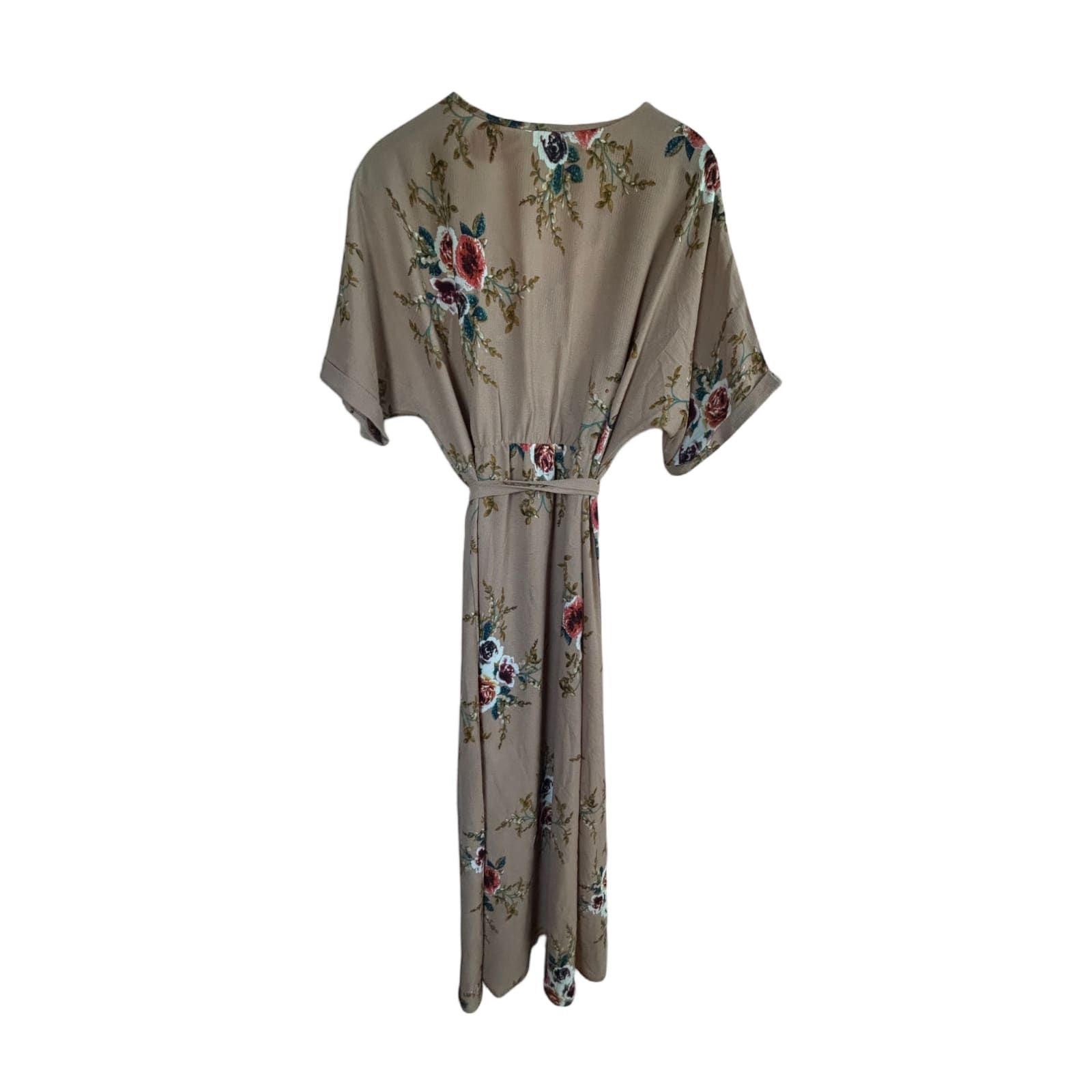 Kleid Damen Dress Maxikleid Gr. 6XL Taupe Blumen Wickeloptik Gürtel Boho Elegant