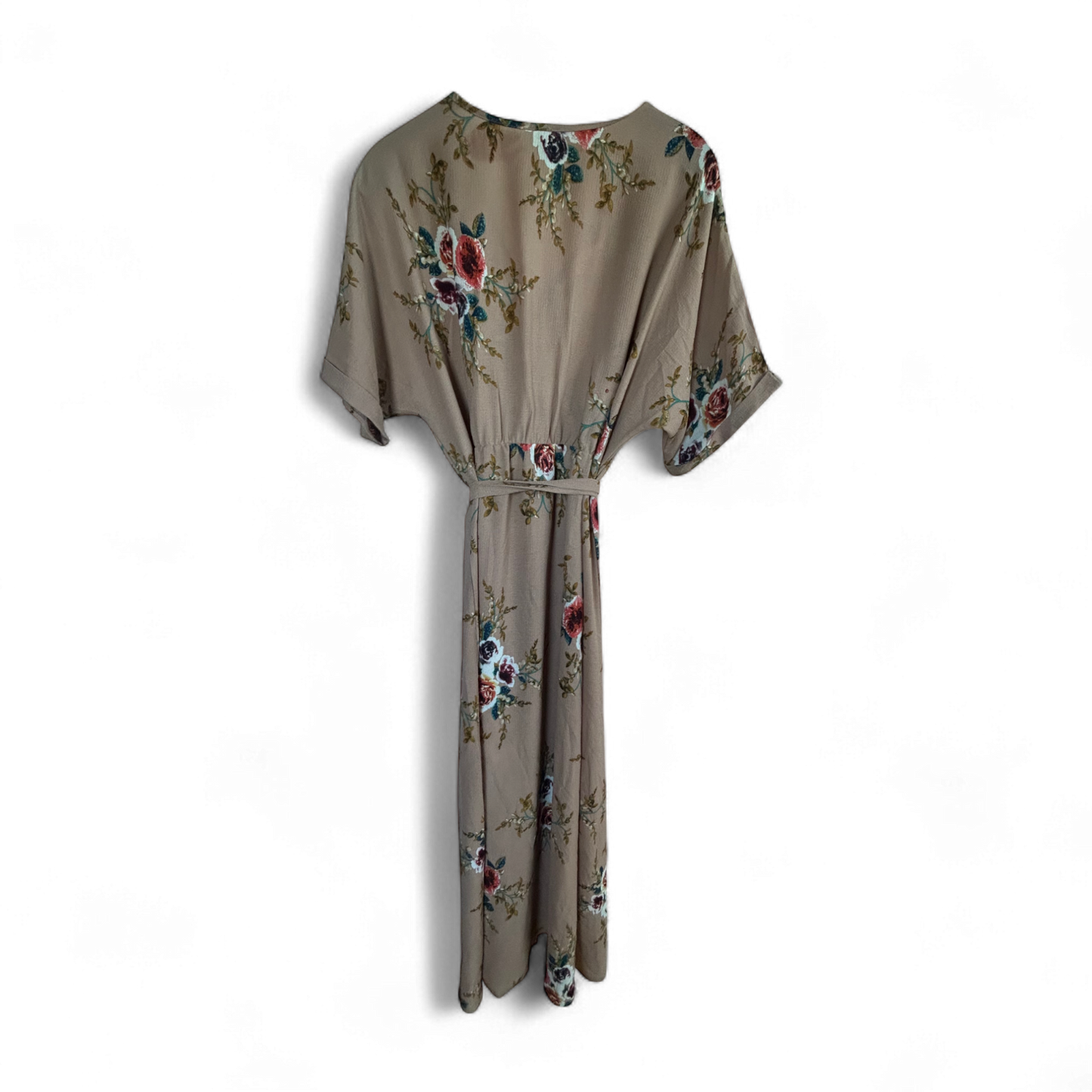 Kleid Damen Dress Maxikleid Gr. 6XL Taupe Blumen Wickeloptik Gürtel Boho Elegant