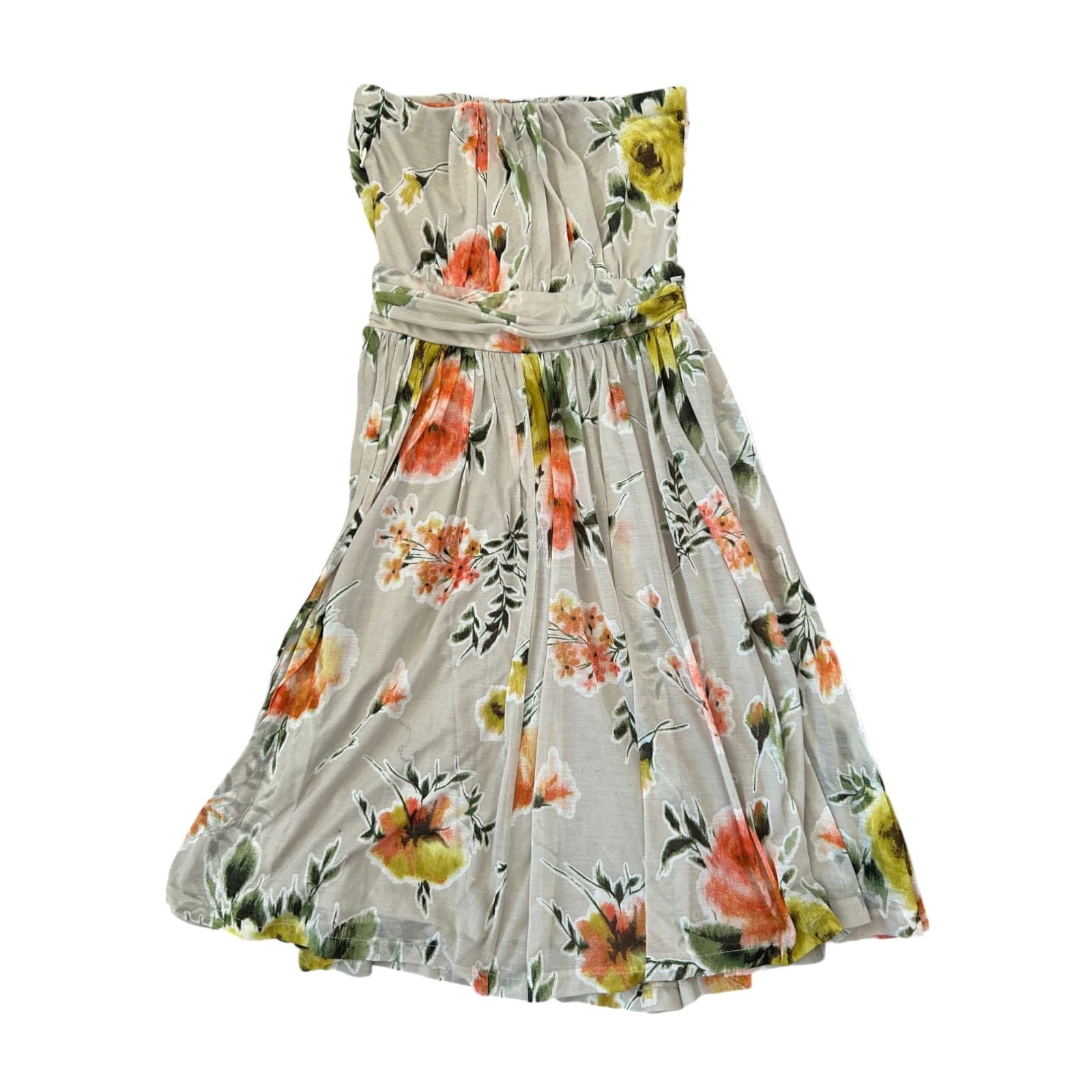 Mango Kleid Damen Dress Damenkleid Gr. 48 Blumen Trägerlos Spitze Sommer Elegant