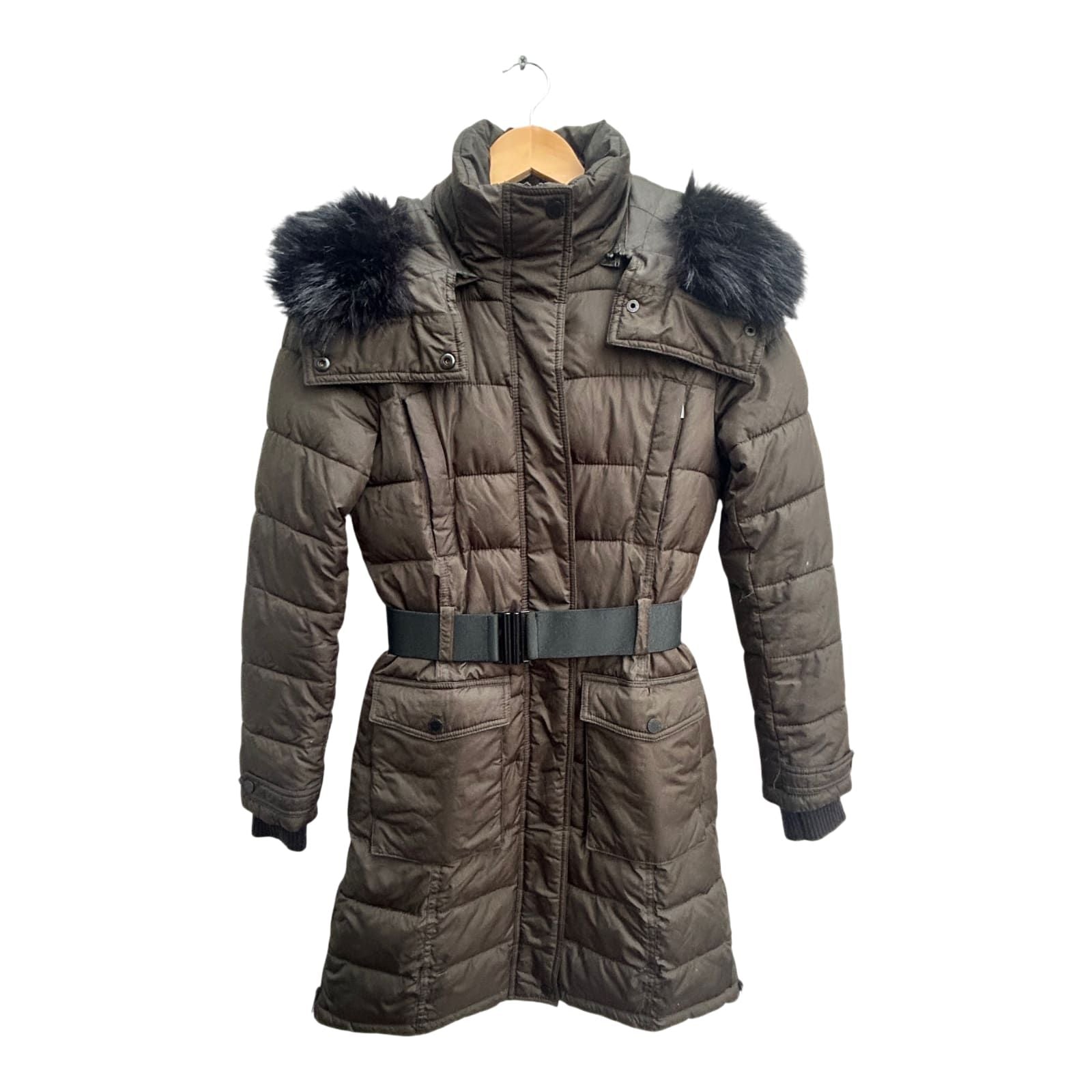 French Connection Damen Daunenmantel XS Khaki Wintermantel Fellkapuze Warm Elegant
