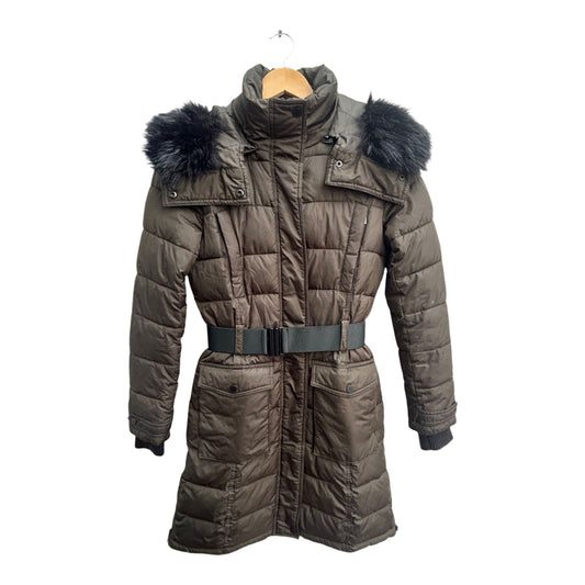 French Connection Damen Daunenmantel XS Khaki Wintermantel Fellkapuze Warm Elegant