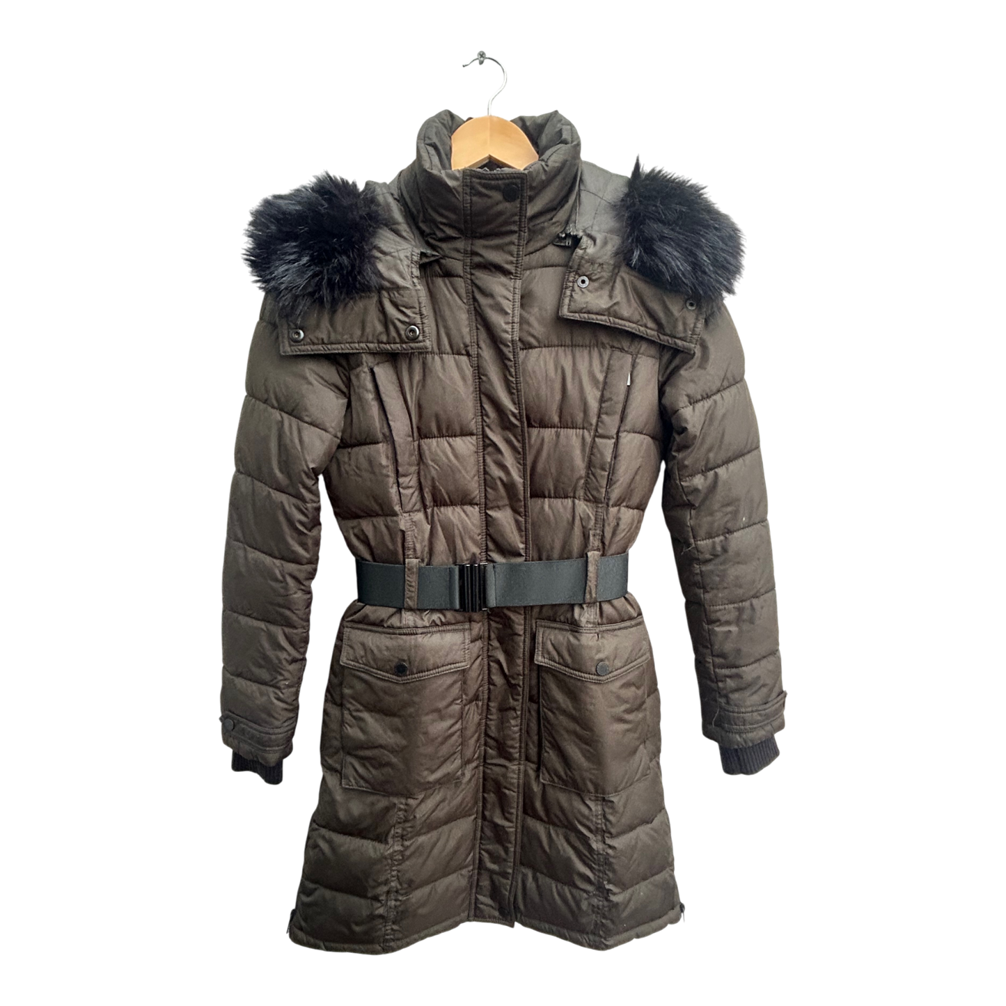 French Connection Damen Daunenmantel XS Khaki Wintermantel Fellkapuze Warm Elegant