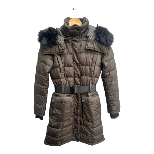 French Connection Damen Daunenmantel XS Khaki Wintermantel Fellkapuze Warm Elegant