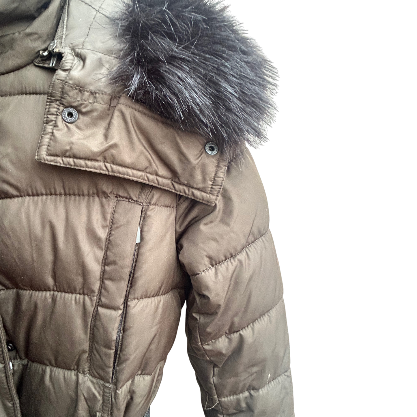 French Connection Damen Daunenmantel XS Khaki Wintermantel Fellkapuze Warm Elegant