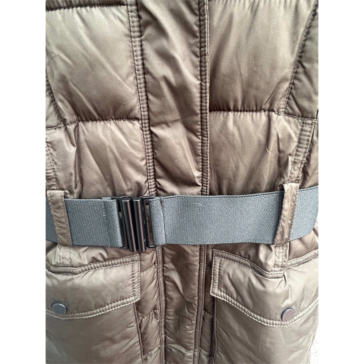 French Connection Damen Daunenmantel XS Khaki Wintermantel Fellkapuze Warm Elegant