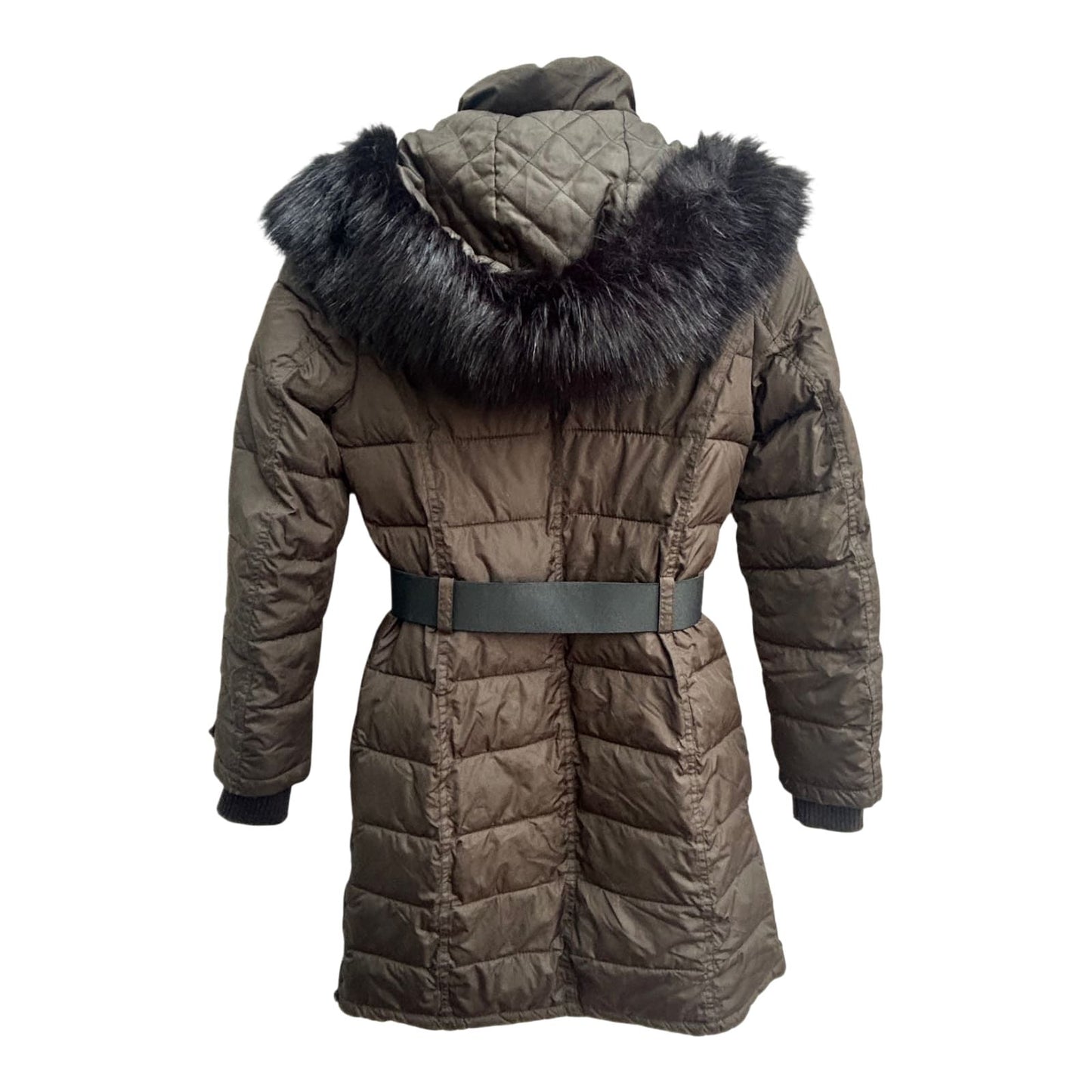 French Connection Damen Daunenmantel XS Khaki Wintermantel Fellkapuze Warm Elegant