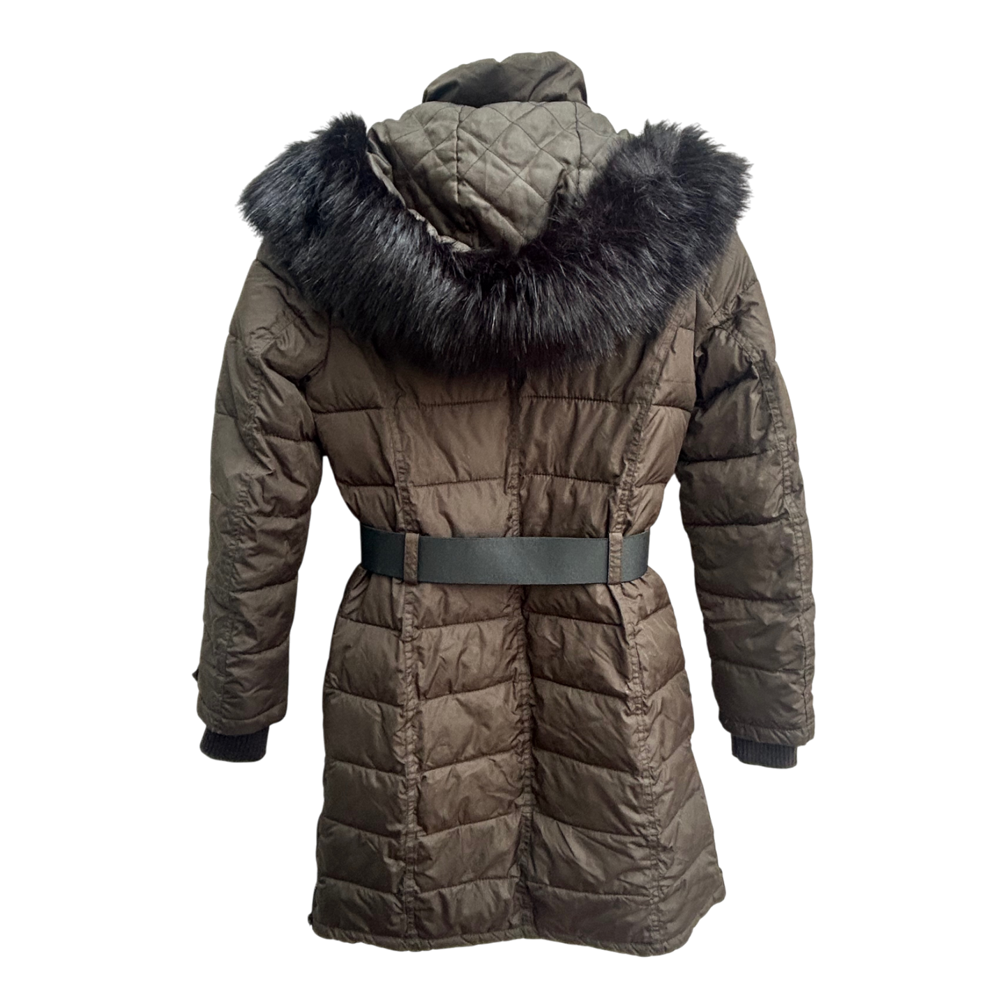 French Connection Damen Daunenmantel XS Khaki Wintermantel Fellkapuze Warm Elegant