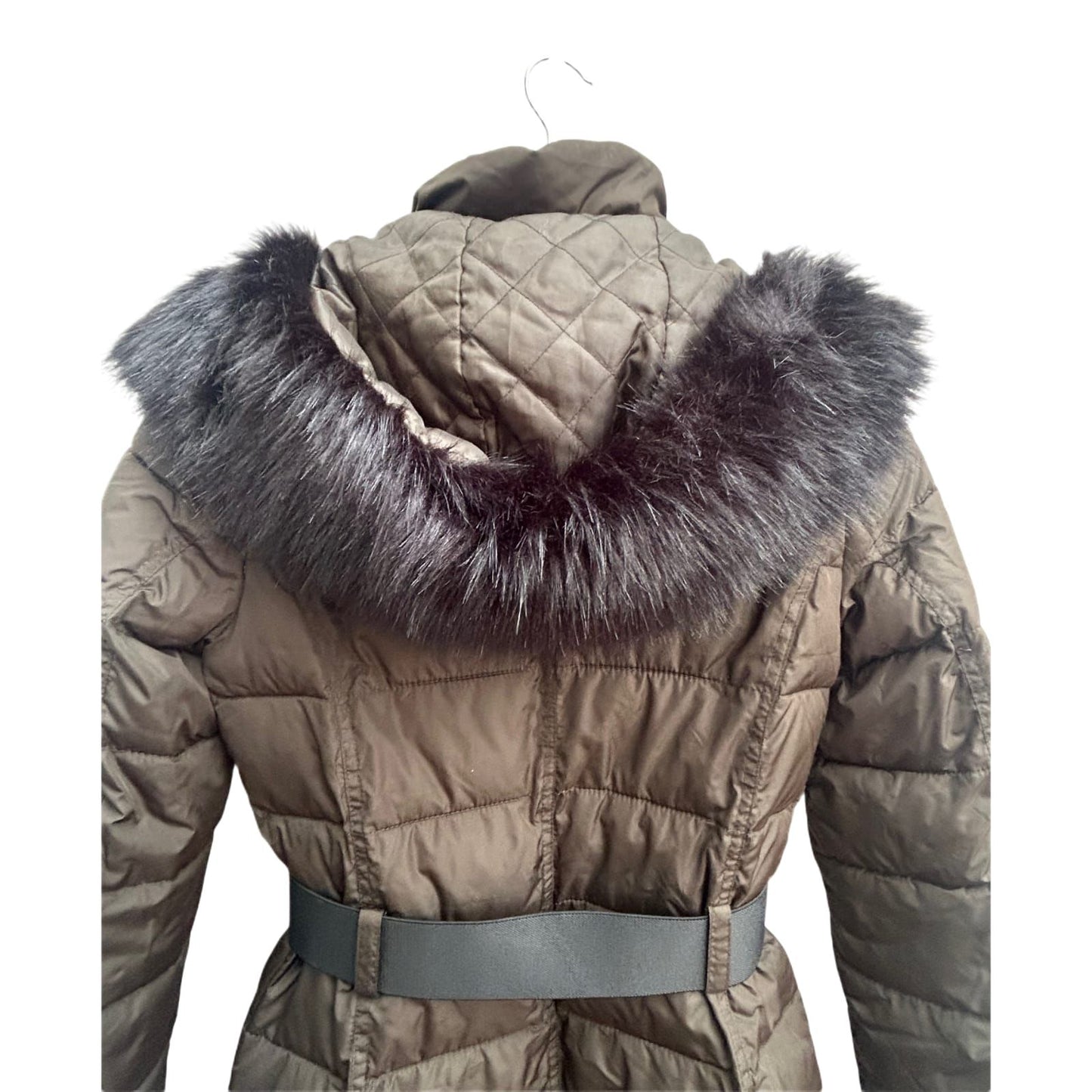 French Connection Damen Daunenmantel XS Khaki Wintermantel Fellkapuze Warm Elegant