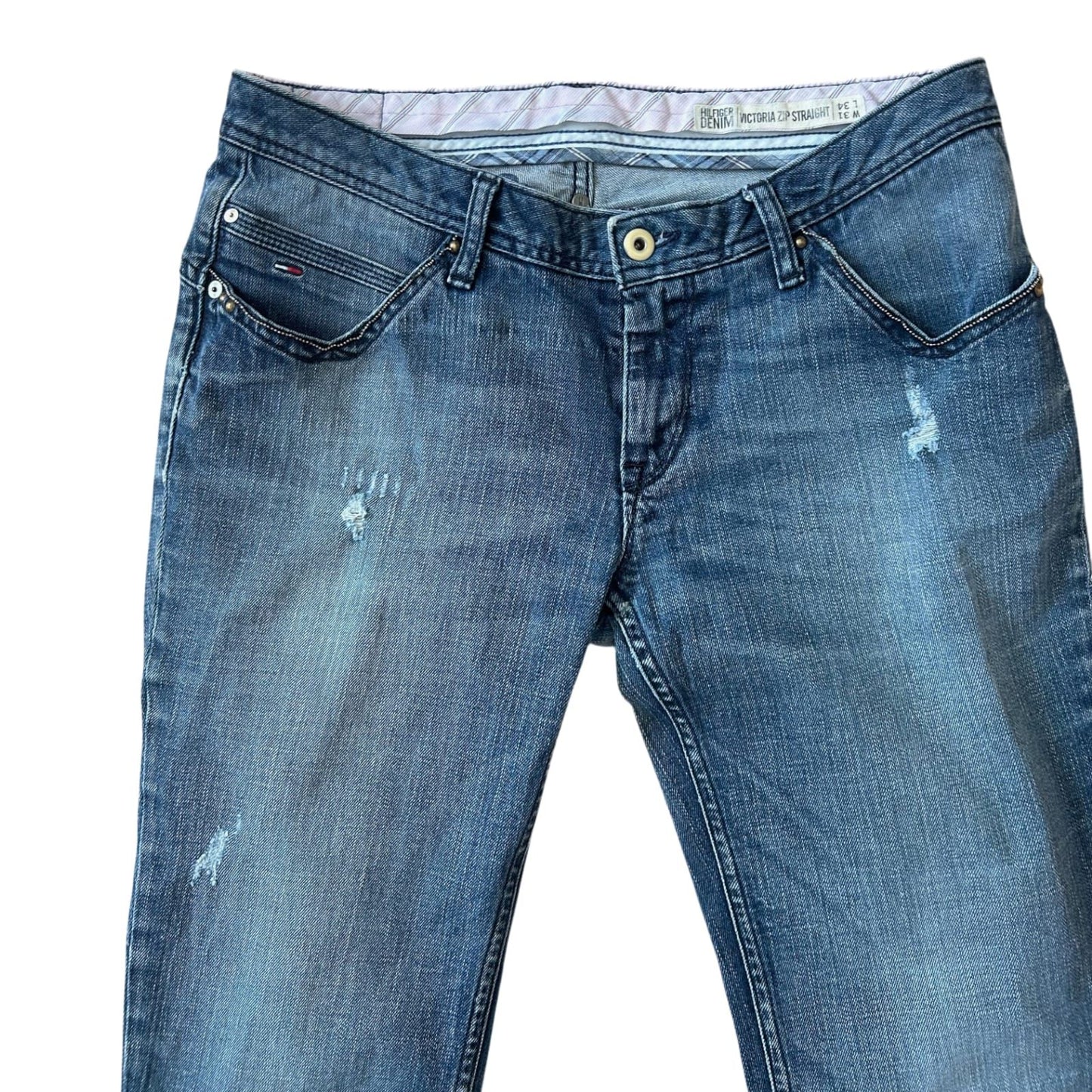 Tommy Hilfiger Jeans Damen W31 L34 Blau Used Look Glitzer Hüfthose