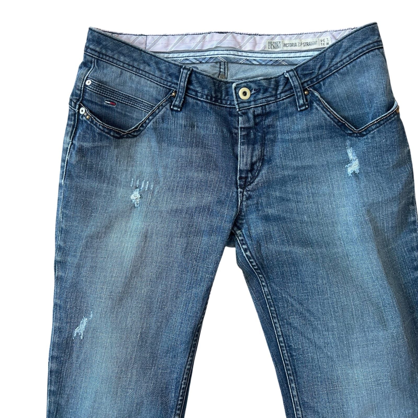 Tommy Hilfiger Jeans Damen W31 L34 Blau Used Look Glitzer Hüfthose