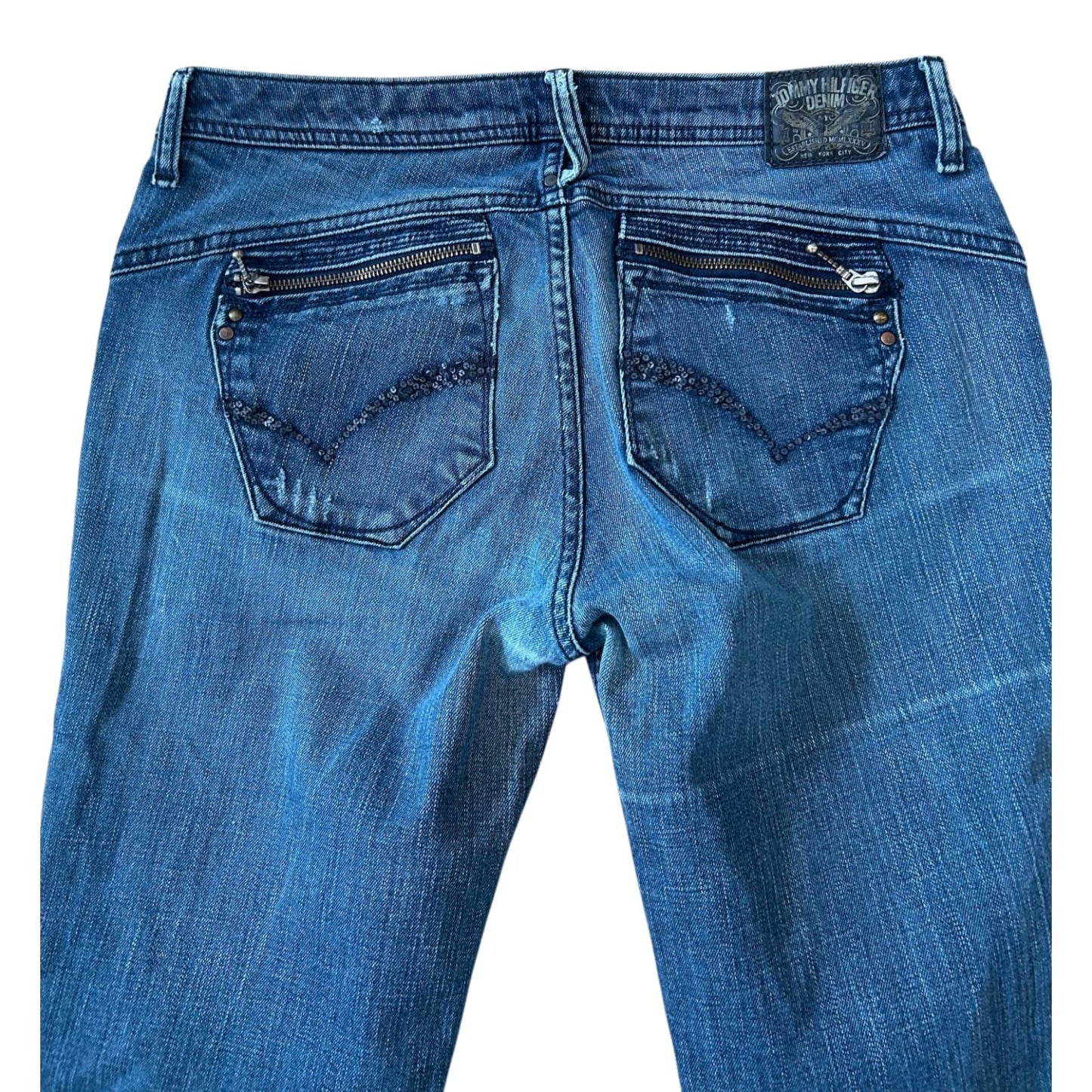 Tommy Hilfiger Jeans Damen W31 L34 Blau Used Look Glitzer Hüfthose