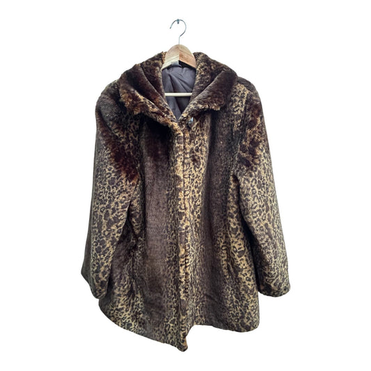 Webpelzmantel Damen Gr 44 Leomuster Warm Kunstfell Braun Elegant Herbst Winter