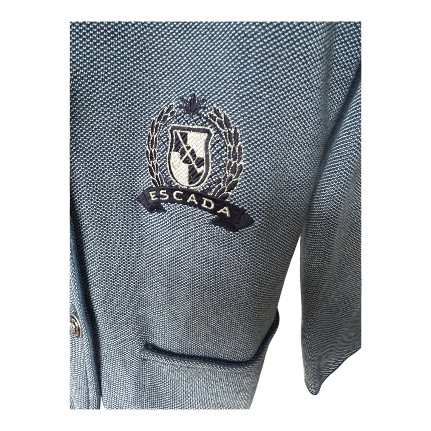 Escada Strickblazer Damen 40 Blau 70 % Schurwolle Wappen Knöpfe Elegant