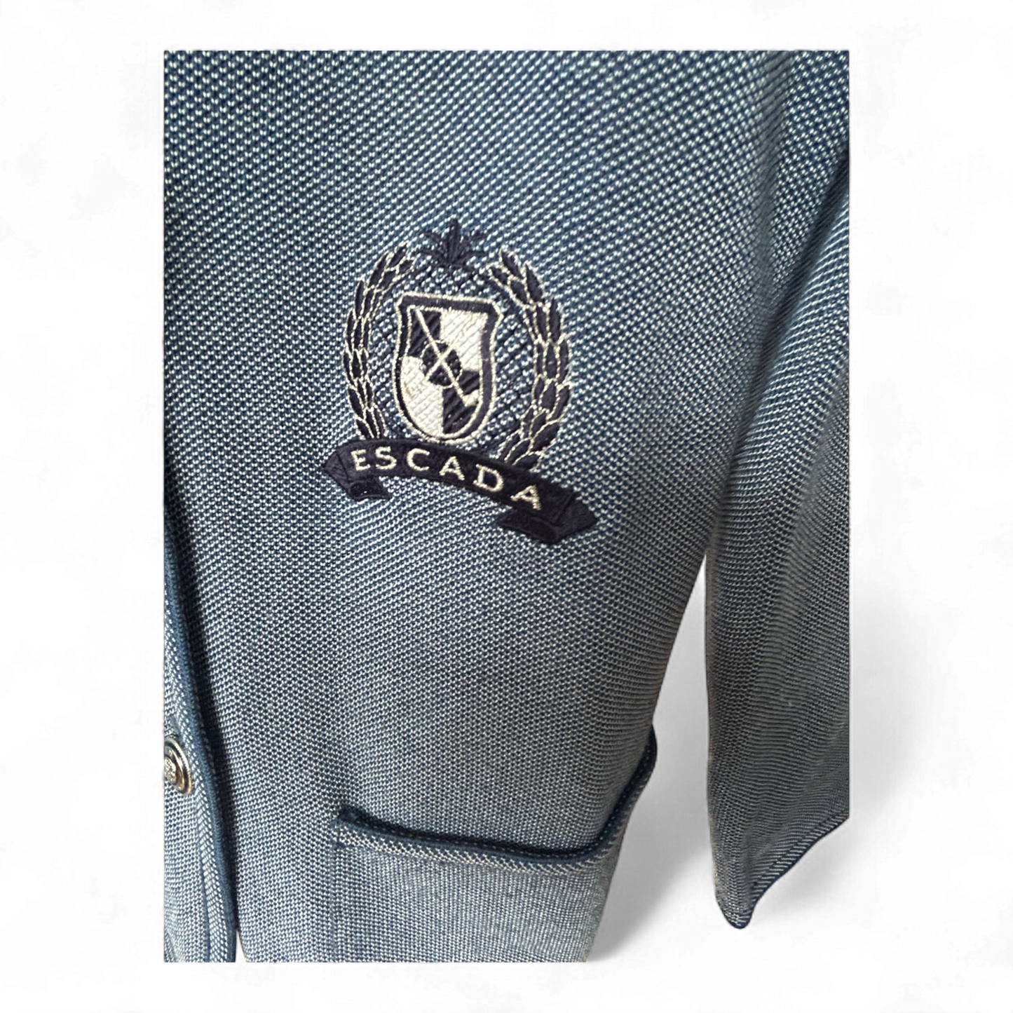 Escada Strickblazer Damen 40 Blau 70 % Schurwolle Wappen Knöpfe Elegant