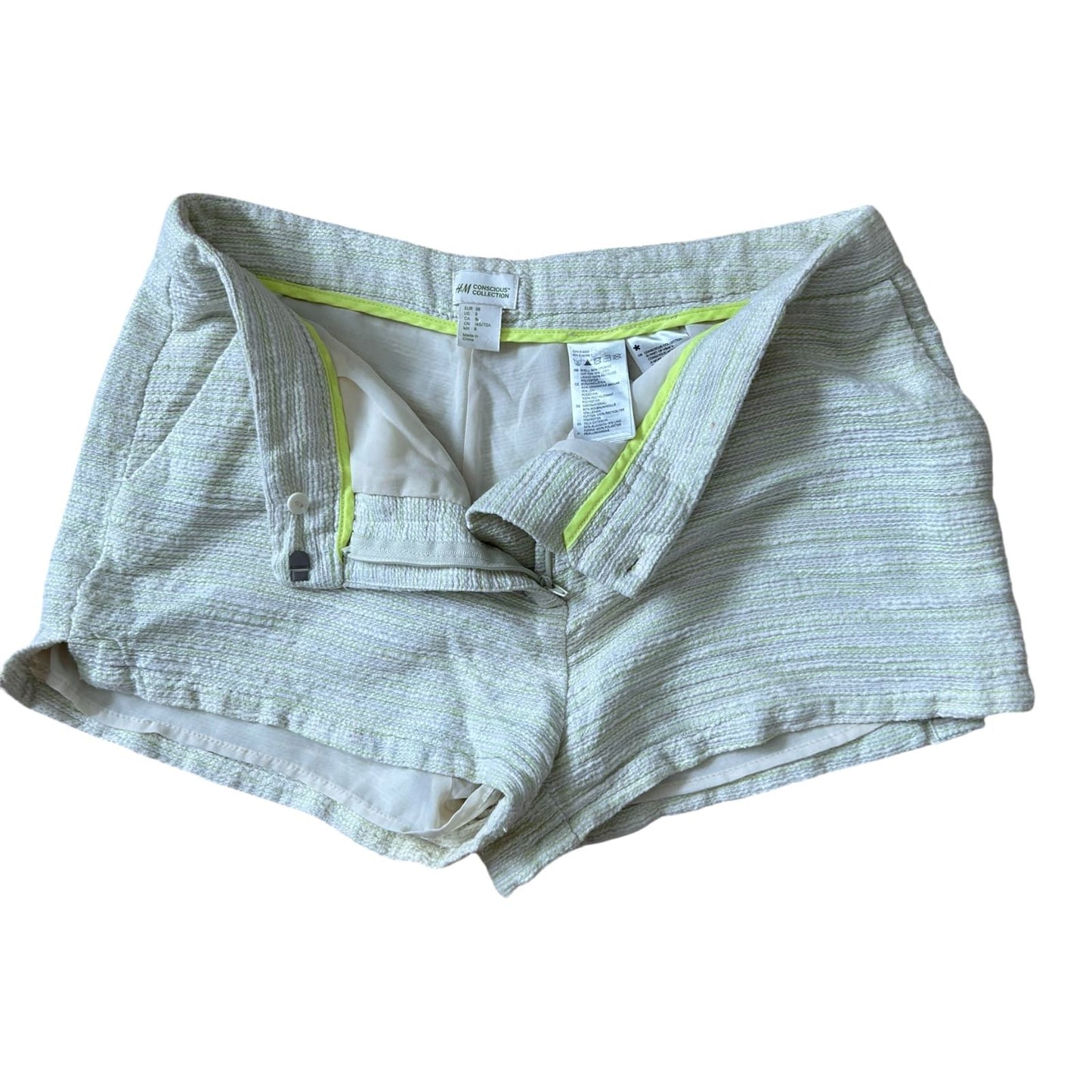 H&M Shorts Damen Grün Weiß Struktur Leinen Baumwolle Sommer Gr 38 Kurz