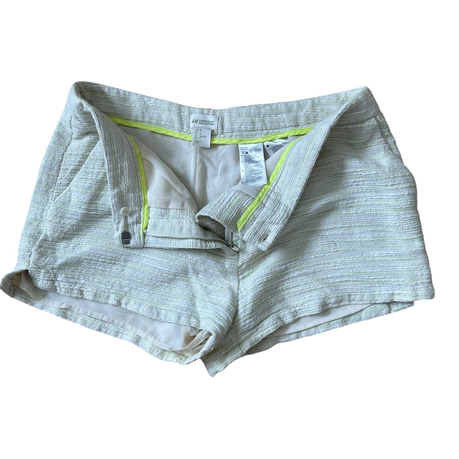 H&M Shorts Damen Grün Weiß Struktur Leinen Baumwolle Sommer Gr 38 Kurz