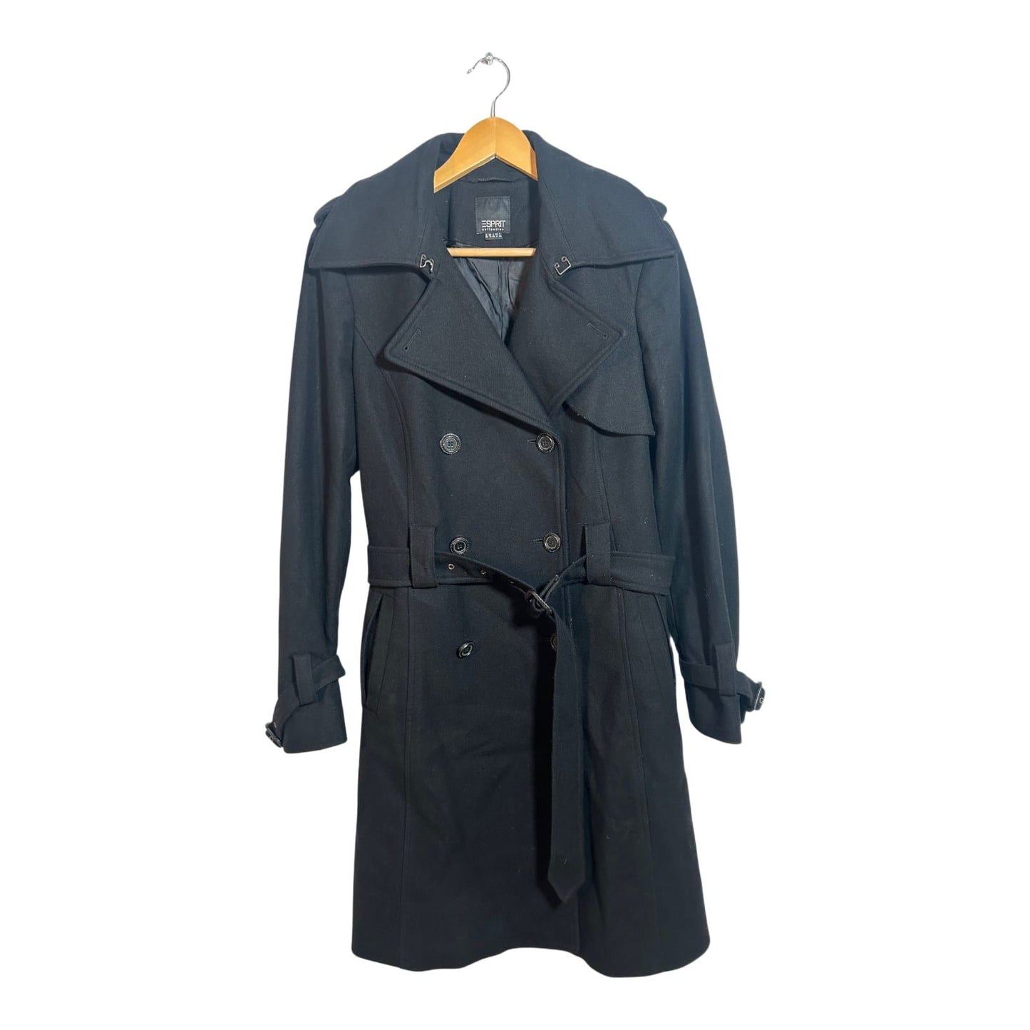Esprit Mantel Damen Trenchcoat Schurwolle Gr 38 Schwarz Elegant Doppelreiher Gürtel