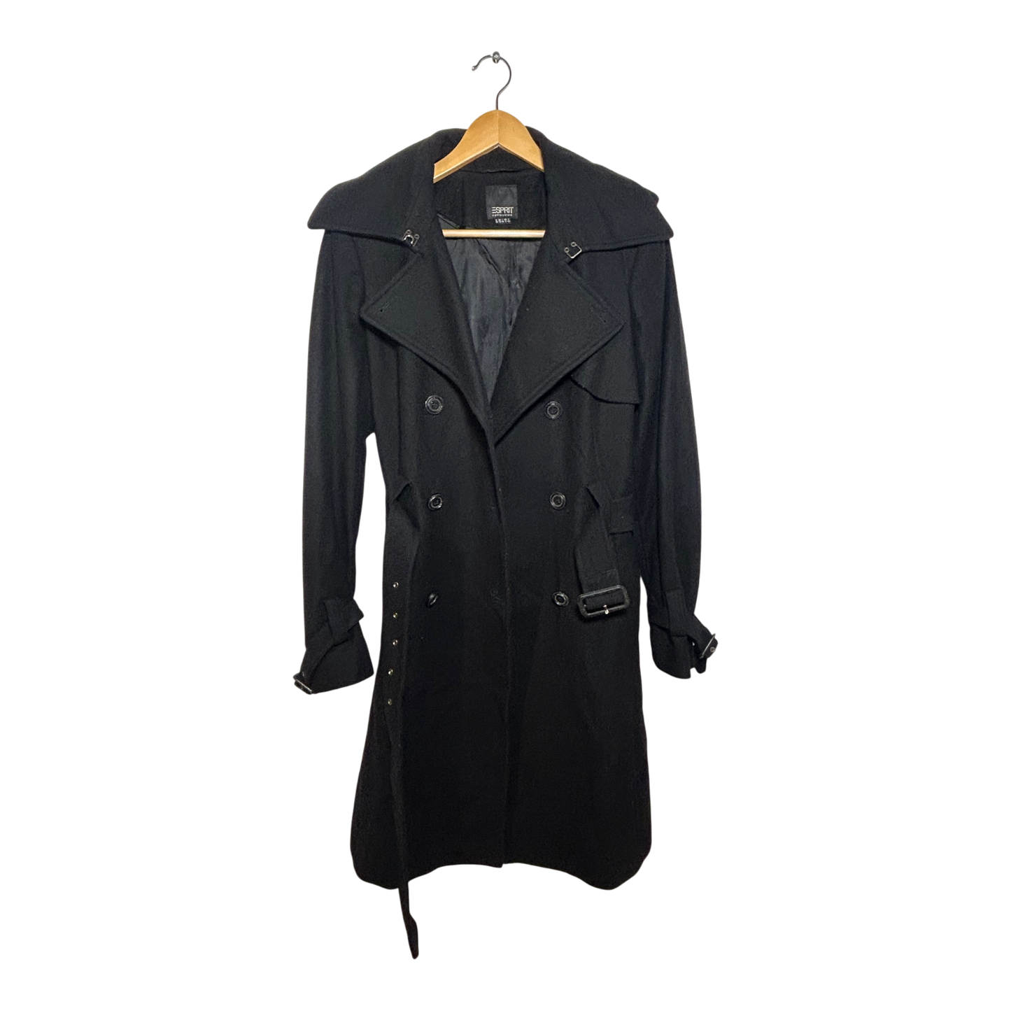 Esprit Mantel Damen Trenchcoat Schurwolle Gr 38 Schwarz Elegant Doppelreiher Gürtel